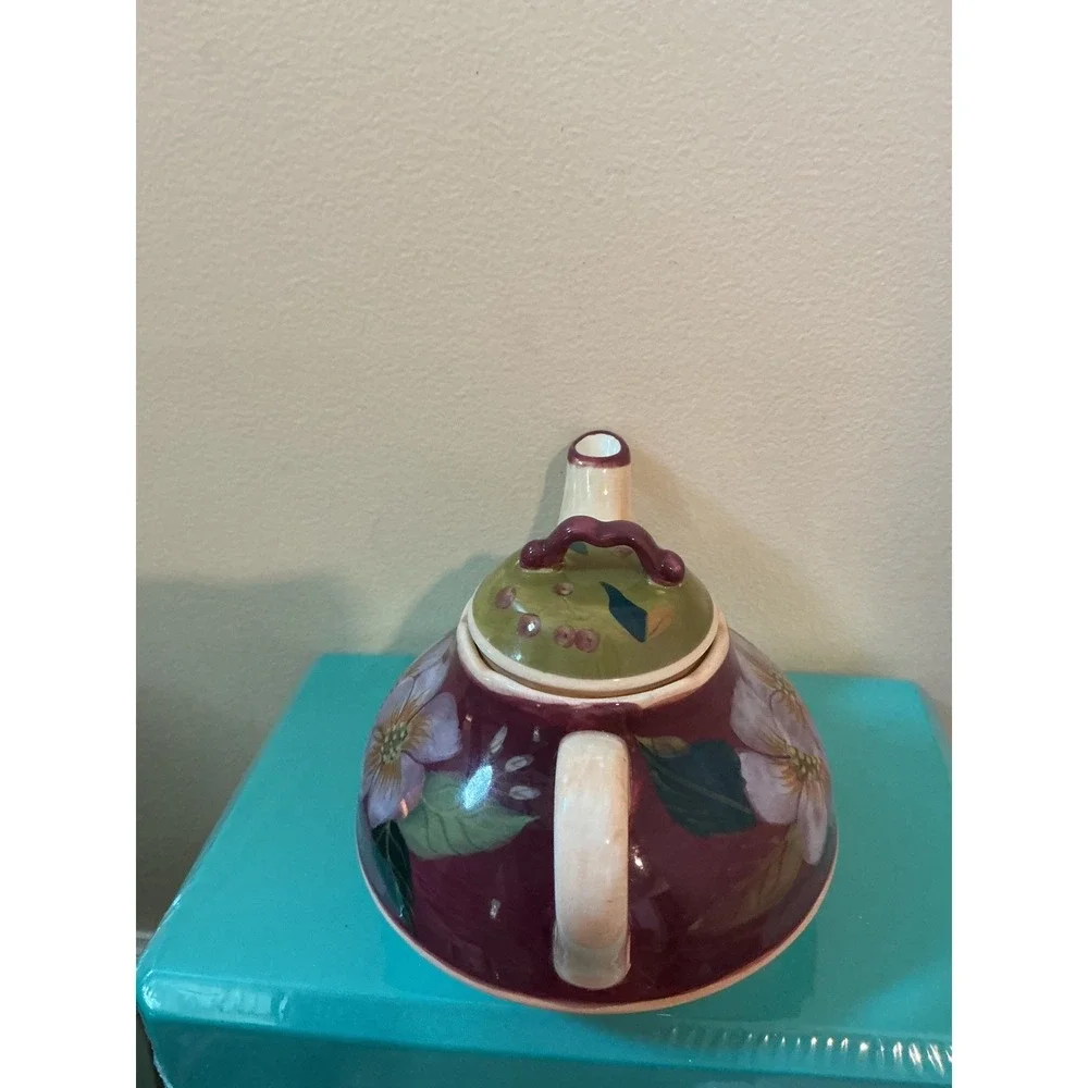 VTG Barnes & Noble Cafe Floral Ceramic Teapot Burgundy Purple Flower Cottagecore